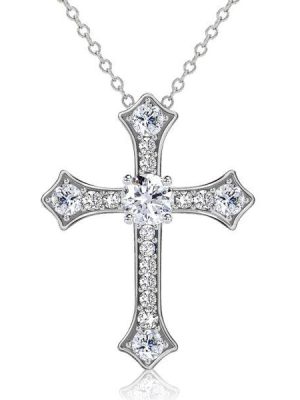 White Sapphire Cross Necklace for Women - Sterling Silver (Choose Chain Length)