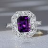 Vintage Emerald Cut Amethyst Halo Engagement Ring in Sterling Silver