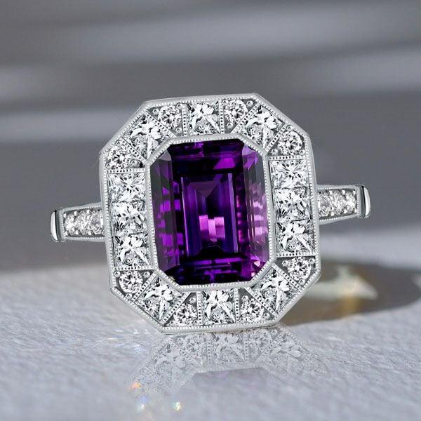 Vintage Emerald Cut Amethyst Halo Engagement Ring in Sterling Silver