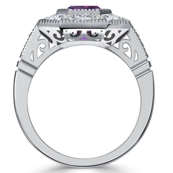 Vintage Emerald Cut Amethyst Halo Engagement Ring in Sterling Silver