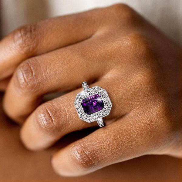 Vintage Emerald Cut Amethyst Halo Engagement Ring in Sterling Silver