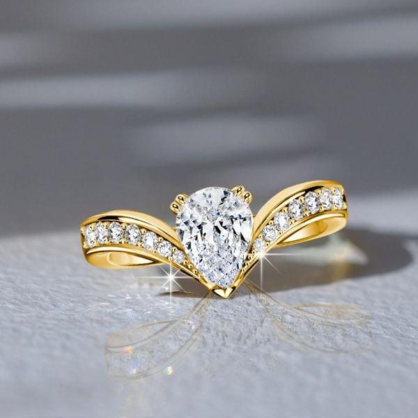 Pear Shaped White Sapphire Chevron Engagement Ring in 18K Gold Plated Sterling Silver