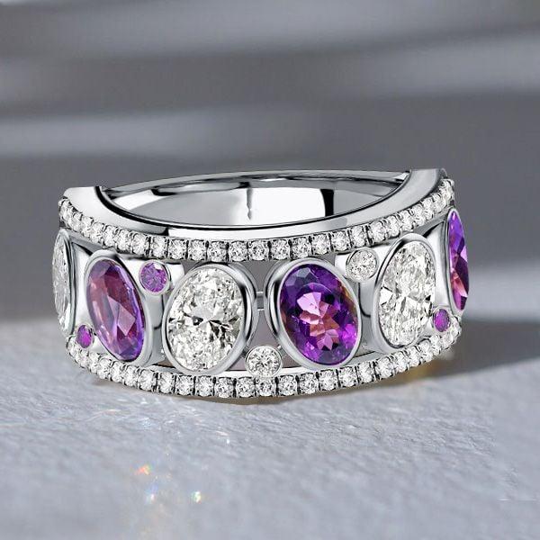 Oval Cut Amethyst Wedding Band Ring in 925 Sterling Silver, 3.32 CT TW