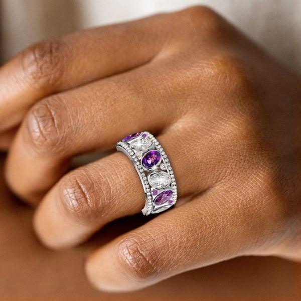 Oval Cut Amethyst Wedding Band Ring in 925 Sterling Silver, 3.32 CT TW