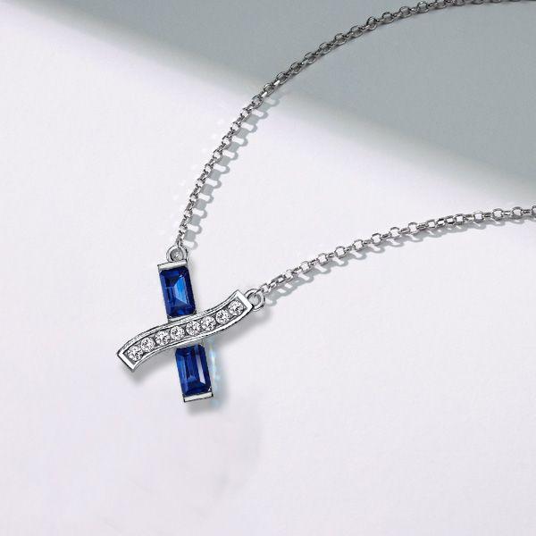 Blue Sapphire Baguette Infinity Cross Necklace - Sterling Silver