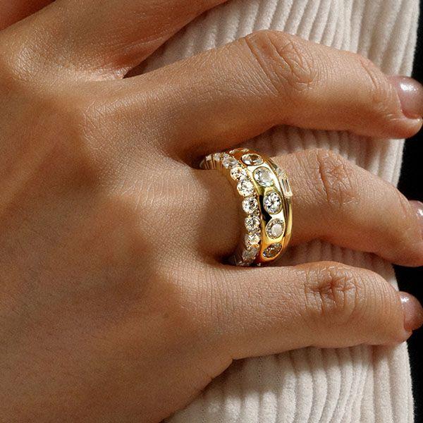 18K Gold Plated Stackable Band Set for Women - Baguette and Round Cut CZ