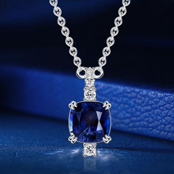 Cushion Cut Blue Sapphire Pendant Necklace for Women in Sterling Silver