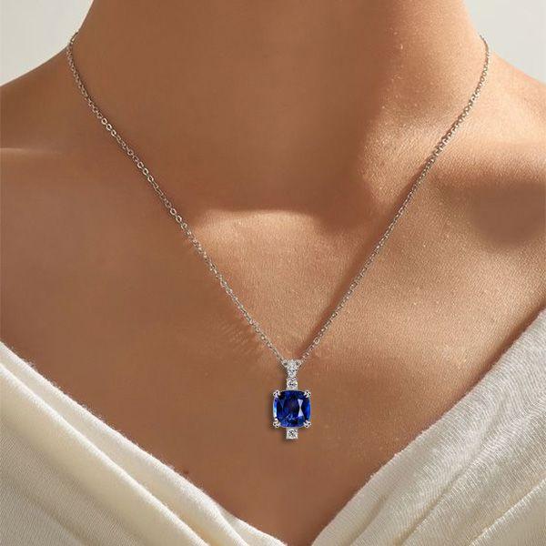 Cushion Cut Blue Sapphire Pendant Necklace for Women in Sterling Silver