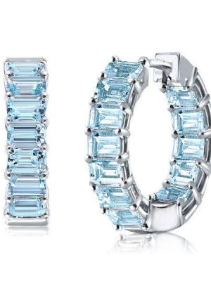 Emerald Cut Aquamarine Hoop Earrings - Sterling Silver