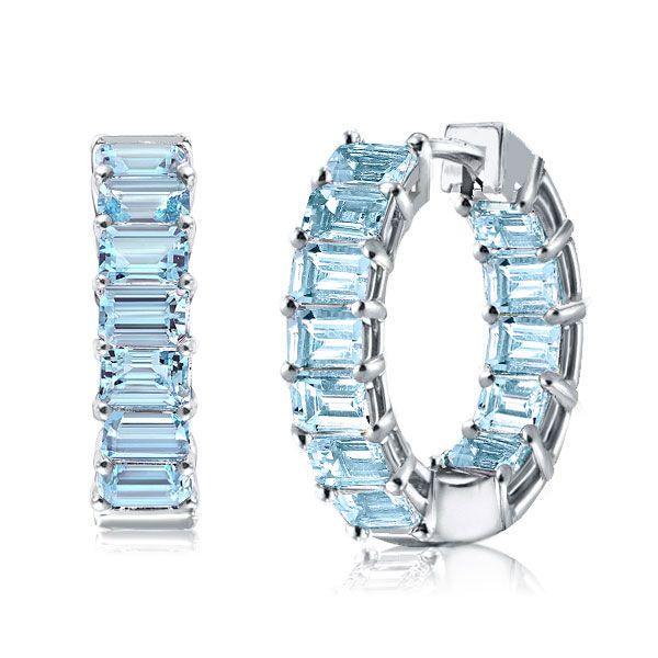 Emerald Cut Aquamarine Hoop Earrings - Sterling Silver