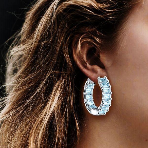 Emerald Cut Aquamarine Hoop Earrings - Sterling Silver