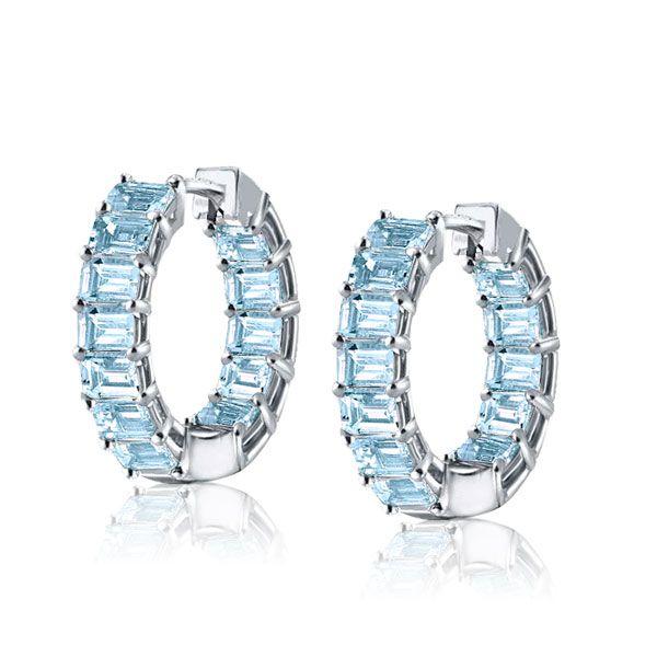Emerald Cut Aquamarine Hoop Earrings - Sterling Silver