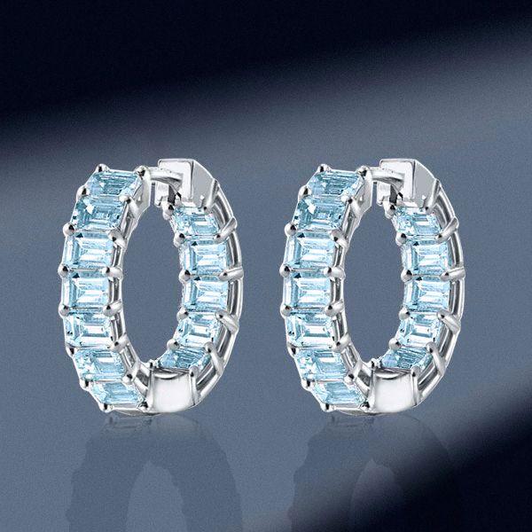 Emerald Cut Aquamarine Hoop Earrings - Sterling Silver