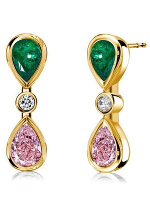 Emerald & Pink Pear Dangle Earrings - 18K Gold Plated Sterling Silver