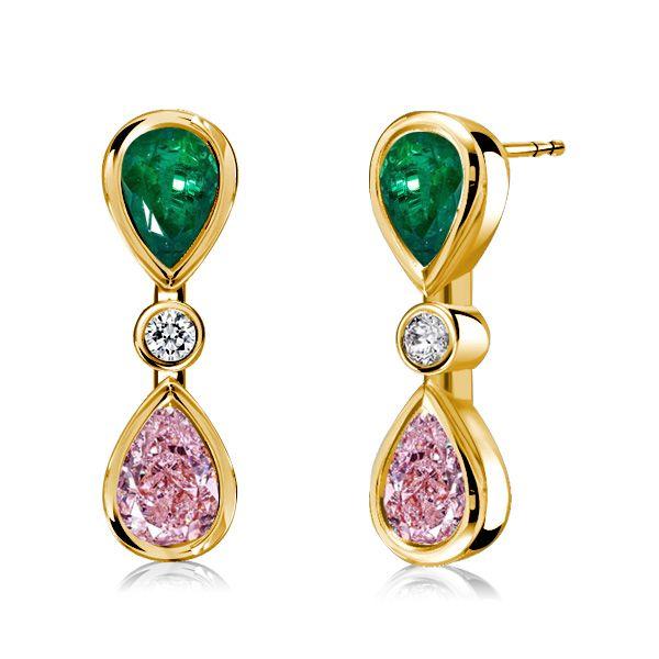 Emerald & Pink Pear Dangle Earrings - 18K Gold Plated Sterling Silver