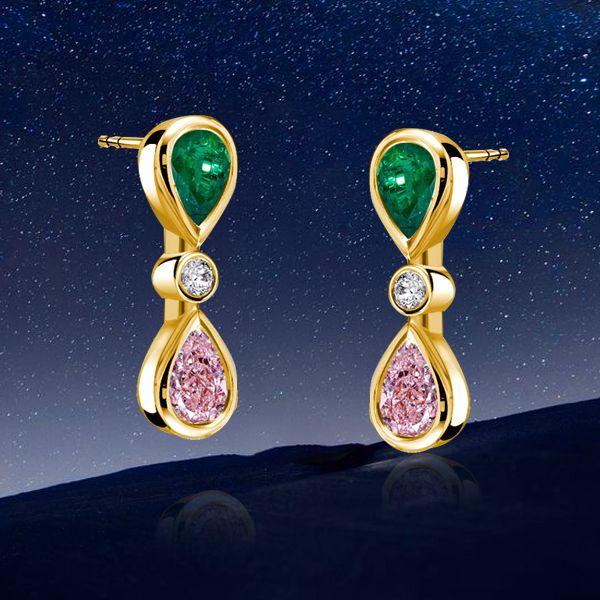 Emerald & Pink Pear Dangle Earrings - 18K Gold Plated Sterling Silver