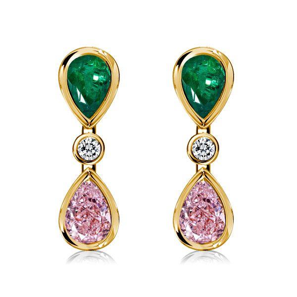 Emerald & Pink Pear Dangle Earrings - 18K Gold Plated Sterling Silver