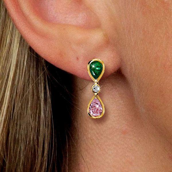 Emerald & Pink Pear Dangle Earrings - 18K Gold Plated Sterling Silver