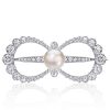 Antique Style Pearl & White Sapphire Bow Brooch - Sterling Silver Plated