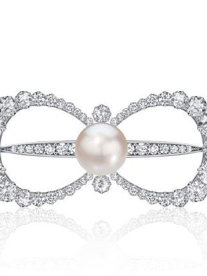 Antique Style Pearl & White Sapphire Bow Brooch - Sterling Silver Plated