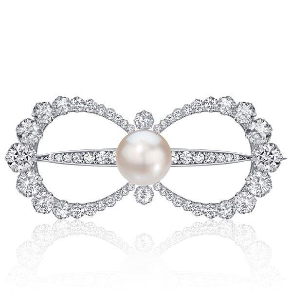 Antique Style Pearl & White Sapphire Bow Brooch - Sterling Silver Plated