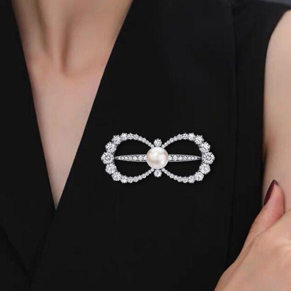 Antique Style Pearl & White Sapphire Bow Brooch - Sterling Silver Plated