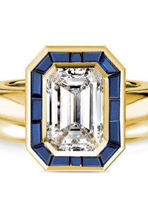 Golden Halo Emerald Cut Engagement Ring Set - 925 Sterling Silver Bridal Set