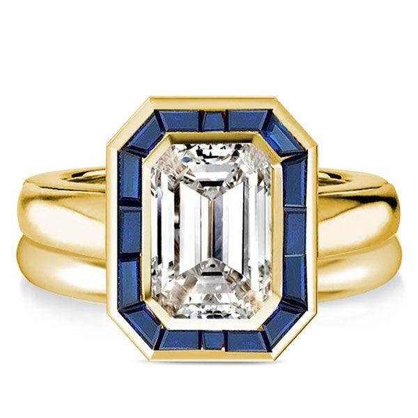 Golden Halo Emerald Cut Engagement Ring Set - 925 Sterling Silver Bridal Set