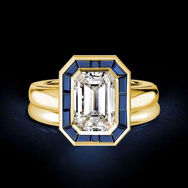 Golden Halo Emerald Cut Engagement Ring Set - 925 Sterling Silver Bridal Set