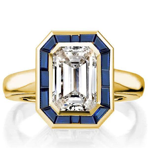 Golden Halo Emerald Cut Engagement Ring Set - 925 Sterling Silver Bridal Set