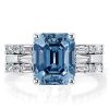 Emerald Cut Blue Topaz Three Stone Wedding Ring Set - 925 Sterling Silver