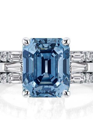 Emerald Cut Blue Topaz Three Stone Wedding Ring Set - 925 Sterling Silver