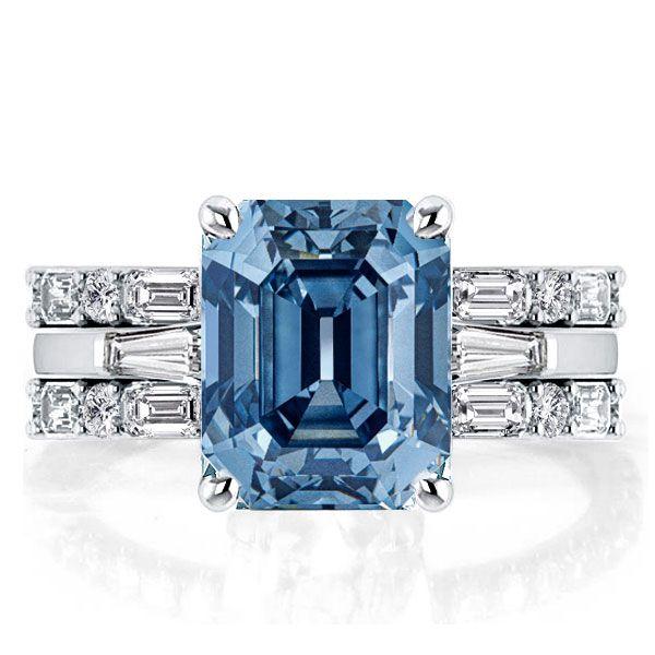 Emerald Cut Blue Topaz Three Stone Wedding Ring Set - 925 Sterling Silver