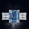 Emerald Cut Blue Topaz Three Stone Wedding Ring Set - 925 Sterling Silver