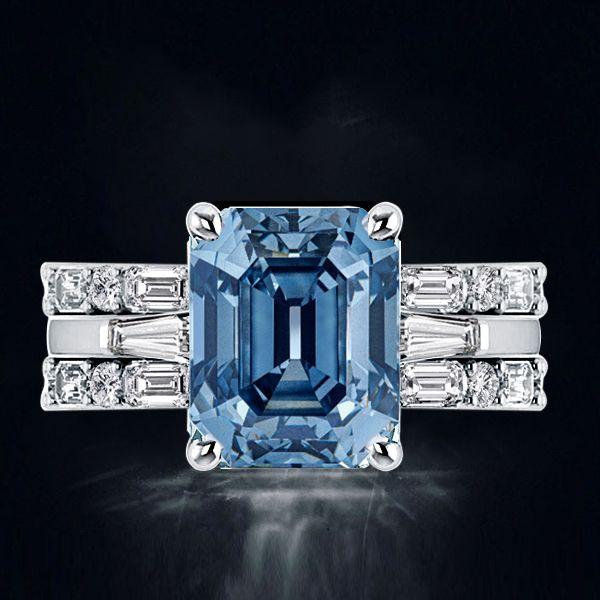 Emerald Cut Blue Topaz Three Stone Wedding Ring Set - 925 Sterling Silver