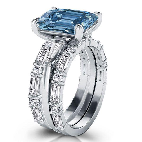 Emerald Cut Blue Topaz Three Stone Wedding Ring Set - 925 Sterling Silver