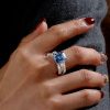 Emerald Cut Blue Topaz Three Stone Wedding Ring Set - 925 Sterling Silver