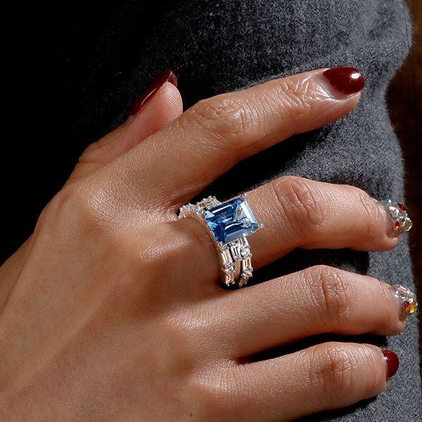 Emerald Cut Blue Topaz Three Stone Wedding Ring Set - 925 Sterling Silver