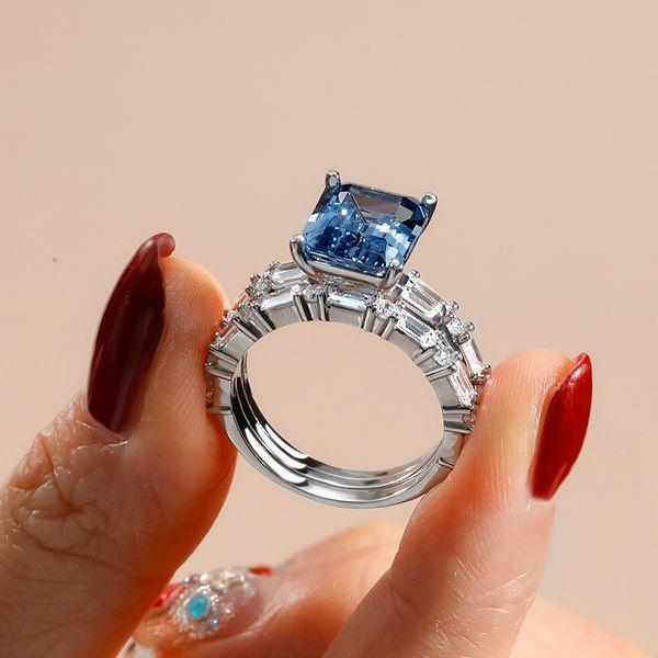 Emerald Cut Blue Topaz Three Stone Wedding Ring Set - 925 Sterling Silver