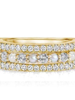 18K Gold Plated Sterling Silver Pearl and Round Cut Half Eternity Band (0.65 CT. TW.)
