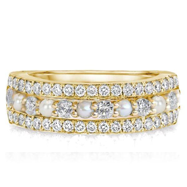 18K Gold Plated Sterling Silver Pearl and Round Cut Half Eternity Band (0.65 CT. TW.)