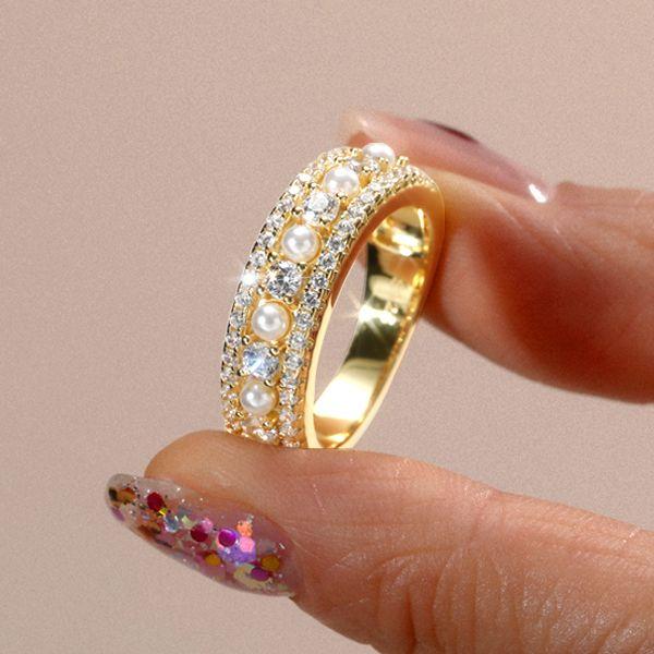18K Gold Plated Sterling Silver Pearl and Round Cut Half Eternity Band (0.65 CT. TW.)