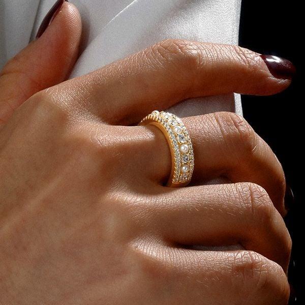 18K Gold Plated Sterling Silver Pearl and Round Cut Half Eternity Band (0.65 CT. TW.)