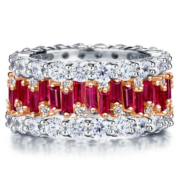 Eternity Stackable Band Set Sterling Silver Ruby Round & Baguette