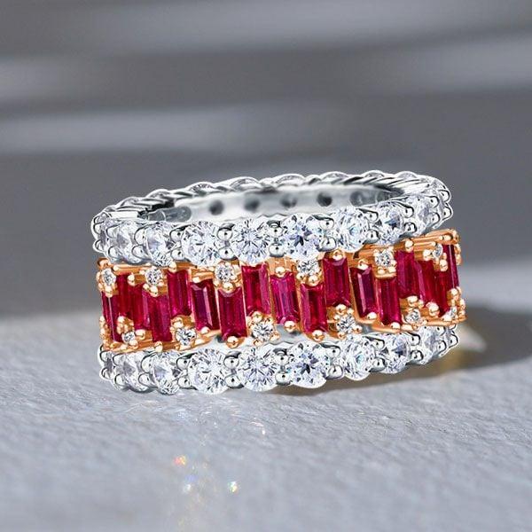 Eternity Stackable Band Set Sterling Silver Ruby Round & Baguette