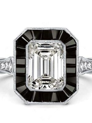 Emerald Cut Black Center Stone Vintage Halo Engagement Ring in Sterling Silver
