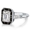 Emerald Cut Black Center Stone Vintage Halo Engagement Ring in Sterling Silver