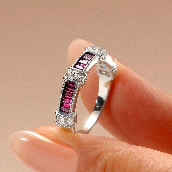 Vintage Style Ruby Baguette Cut Wedding Band | 1.06 CT TW in Sterling Silver