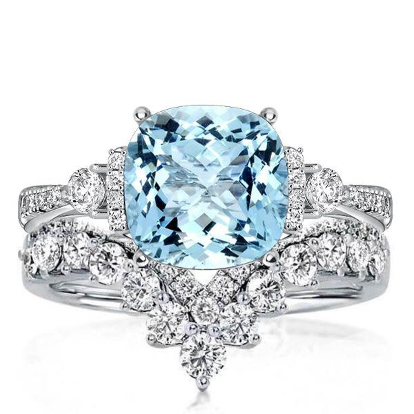 Aquamarine Cushion Cut Engagement Ring Set - 925 Sterling Silver Bridal Set