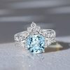 Aquamarine Cushion Cut Engagement Ring Set - 925 Sterling Silver Bridal Set